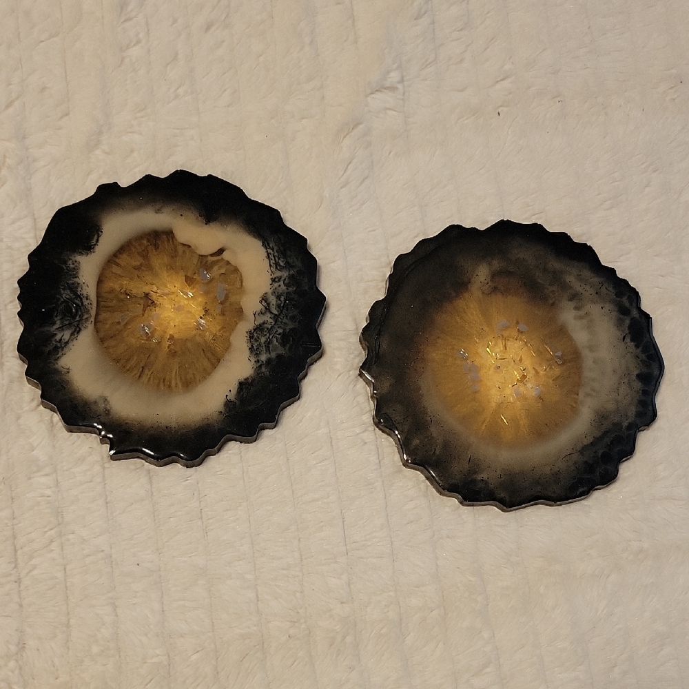 Set of 2 Black, Gold, Cream, and Gray Handpoured Resin Geodes
